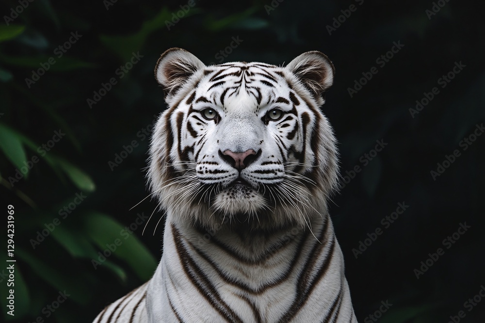 Majestic White Tiger: A close-up portrait of a striking white tiger gazing directly at the camera. Its intense eyes and the intricate pattern of stripes create a mesmerizing view. Majestic White Tiger: A close-up portrait of a striking white tiger gazing directly at the camera. Its intense eyes and the intricate pattern of stripes create a mesmerizing view.