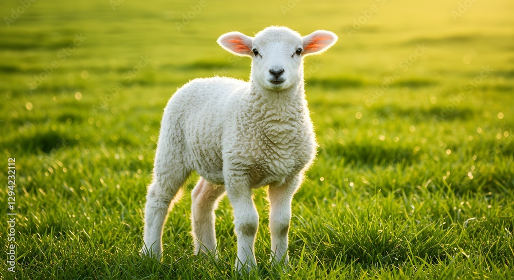 Cute Lamb Standing in Grassy Field During Golden Hour Sunlight - Easter Lamb in a Spring Meadow Cute Lamb Standing in Grassy Field During Golden Hour Sunlight - Easter Lamb in a Spring Meadow