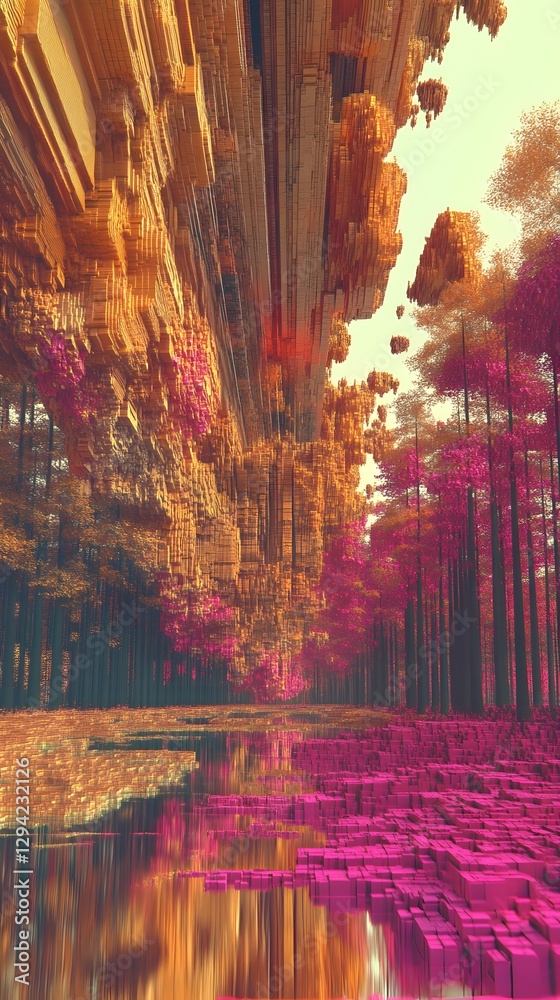 Obraz premium Abstract Forest: An imaginative digital artwork depicts a surreal landscape with colorful cubic structures that mimics a forest, and the reflections. 