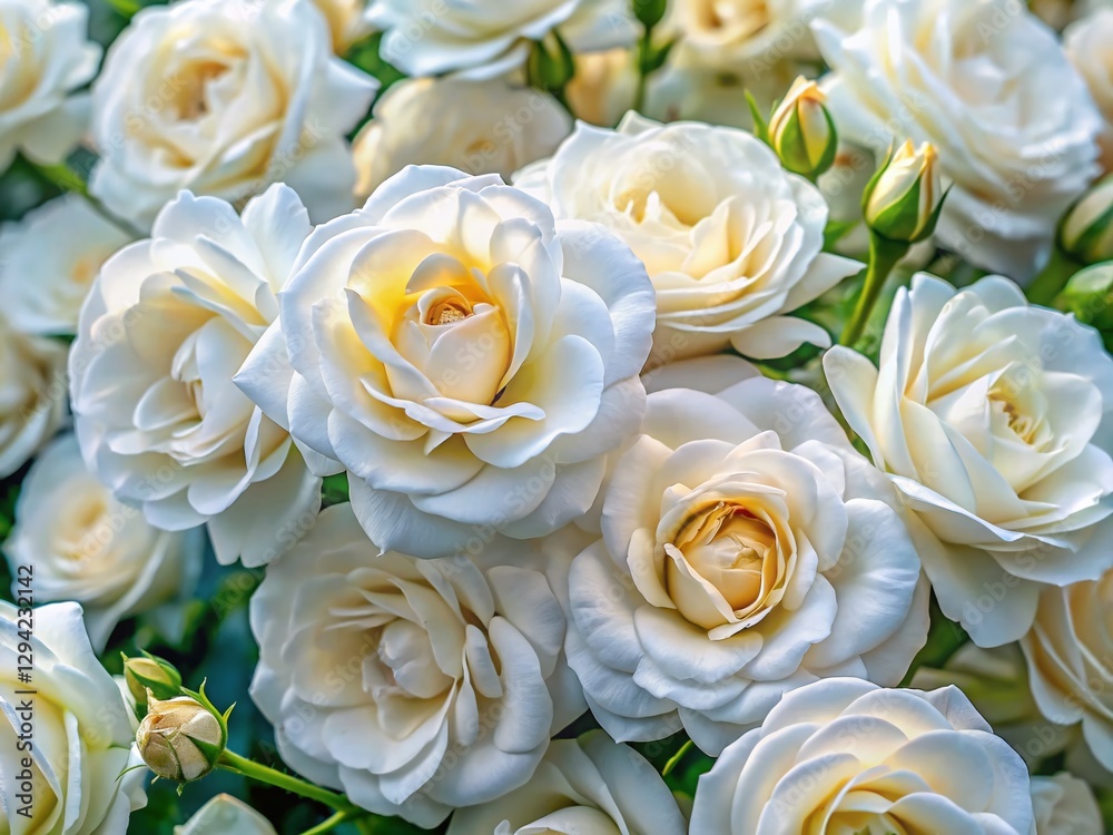 Drone Aerial View: Close-Up White Rose Blooms, Delicate Petals, Full Frame Drone Aerial View: Close-Up White Rose Blooms, Delicate Petals, Full Frame