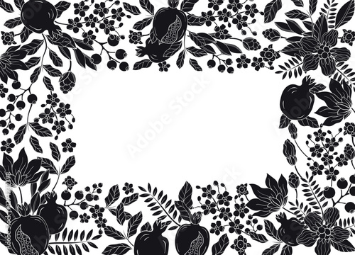 an elegant silhouette square frame adorned with Pomegranate Garnet leaf and flowers. Red Pomegranate garnet fruit vector illustration.