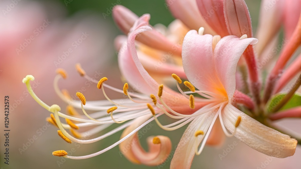 Fototapeta premium Honeysuckle Bloom: A close-up shot captures the delicate beauty of honeysuckle blossoms in soft pastel hues, showcasing intricate details of the petals and stamens