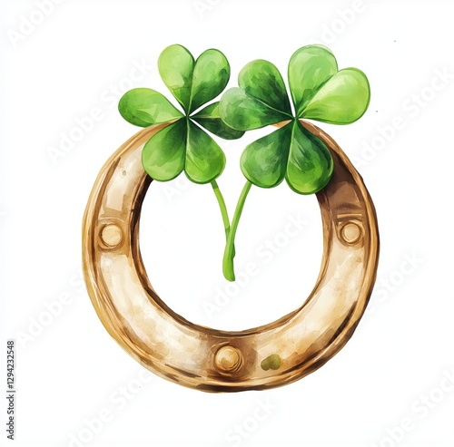 A horseshoe encircles two flourishing four-leaf clovers, symbolizing good fortune. The design features a blend of earthy colors, ideal for celebrating luck and nature in a whimsical style.
