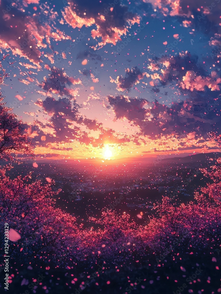 Fototapeta premium Stunning sunset with pink flowers in the foreground creating a beautiful contrast against the colorful sky