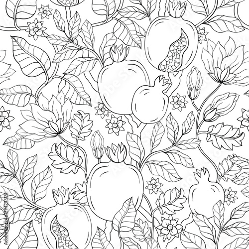 Line art Pomegranate Garnet leaf and flowers pattern. Red garnet seamless pattern vector illustration. Pomegranate Garnet fruit.