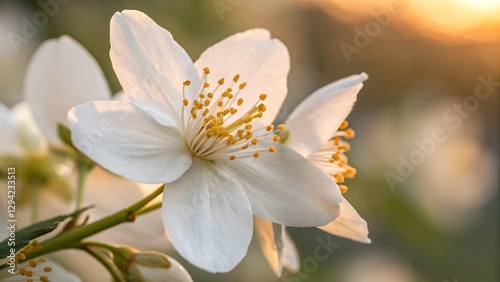 Jasmine Bloom at Sunset: A close-up shot of a beautiful jasmine flower with delicate white petals and golden stamen. Bathed in the soft glow of the sunset