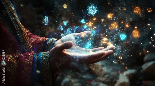 Magic spell effect, where symbols float around a wizardâ€™s hands. 