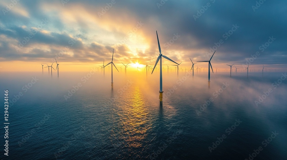 Obraz premium Aerial view of offshore wind farm at sunrise, turbines emerging from ocean mist, Renewable resources, sustainable development, and environmental protection