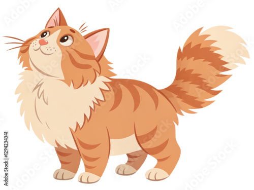 Adorable cartoon orange cat with fluffy fur looking up in a playful and curious manner