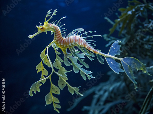 A leafy sea dragon floating delicately, its intricate fins illuminated in the darkness photo