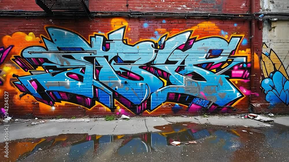 Graffiti Art on Brick Wall with Puddle Reflection