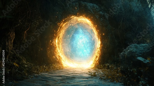 Portal opening with glowing energy swirls, leading to another world. 