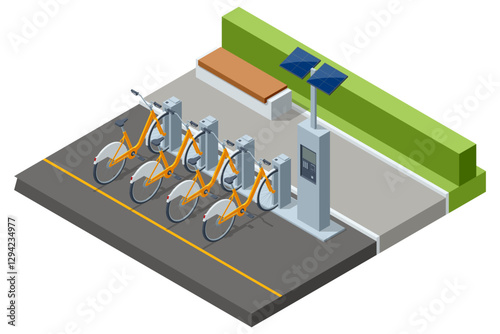 Bike rental. An isometric, vector illustration of a solar-powered bike-sharing station, lined with orange bicycles and a payment kiosk, offering convenient urban mobility