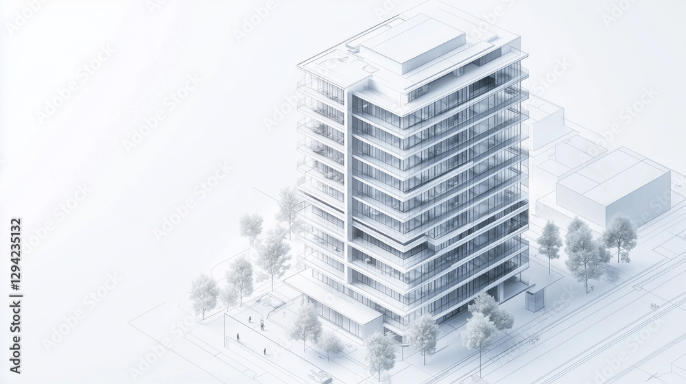 Fototapeta premium A precise isometric architectural visualization of a modern high-rise office building, featuring a blueprint-style rendering with clean white lines on a light gray background