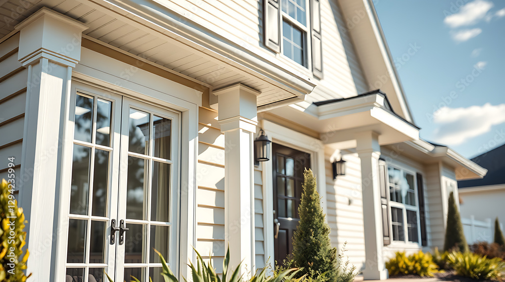 Elegant Home Exterior: Dream House Design and Architecture. Luxury Real Estate, Suburb, Residential Property, Columns, Porch, Landscaping Elegant Home Exterior: Dream House Design and Architecture. Luxury Real Estate, Suburb, Residential Property, Columns, Porch, Landscaping