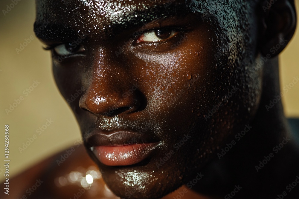 Intensity and Sweat: Captivating close-up portrait of a man, glistening with sweat, conveying intensity. Capturing determination and strength. Intensity and Sweat: Captivating close-up portrait of a man, glistening with sweat, conveying intensity. Capturing determination and strength.