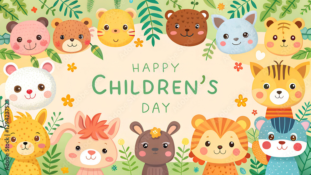 Cute watercolor animals background, hand-painted friendly cartoon animals in bright colors, adorable and playful theme for Children’s Day with copy space Cute watercolor animals background, hand-painted friendly cartoon animals in bright colors, adorable and playful theme for Children’s Day with copy space