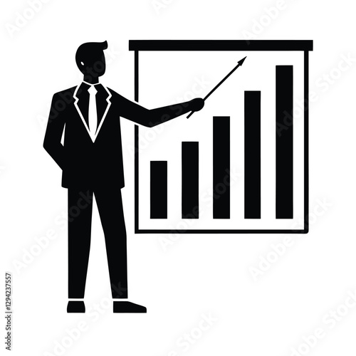 Corporate presenter silhouette confidently points at a meticulously detailed bar chart showcasing impressive market performance