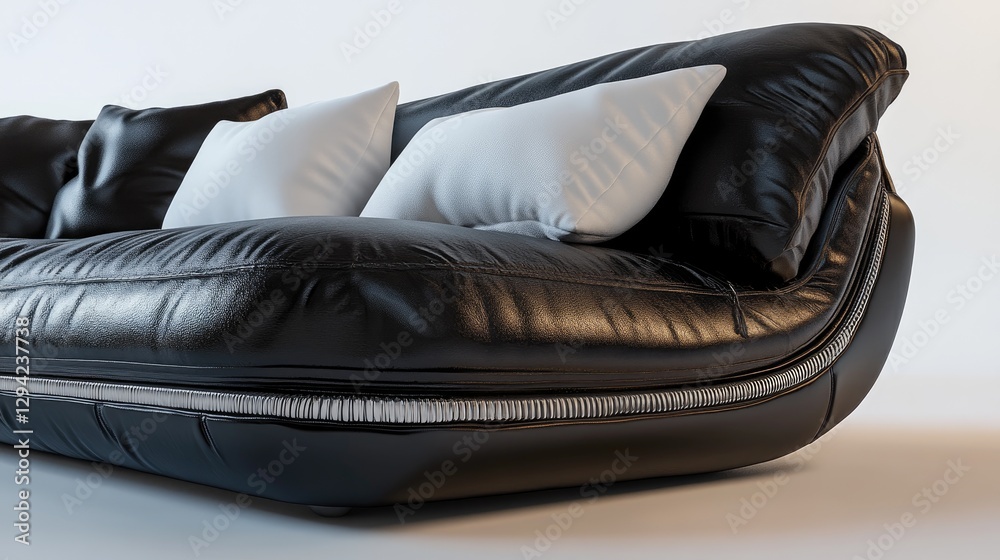 Fototapeta premium Elegant Black Leather Sofa with Soft Cushions and Sleek Design