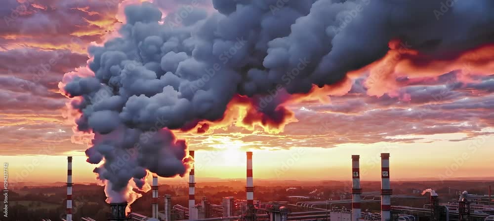 Industrial smoke plumes against vibrant sunset in dynamic timelapse of factory emissions