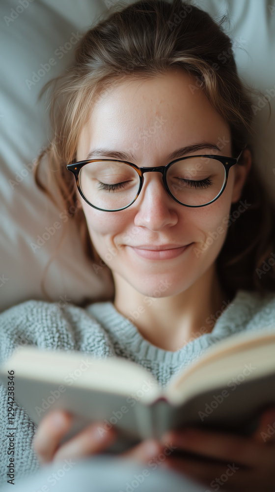 Reading book in bed, woman smiles with glasses, enjoying cozy moment. This serene scene captures essence of relaxation and self care Reading book in bed, woman smiles with glasses, enjoying cozy moment. This serene scene captures essence of relaxation and self care