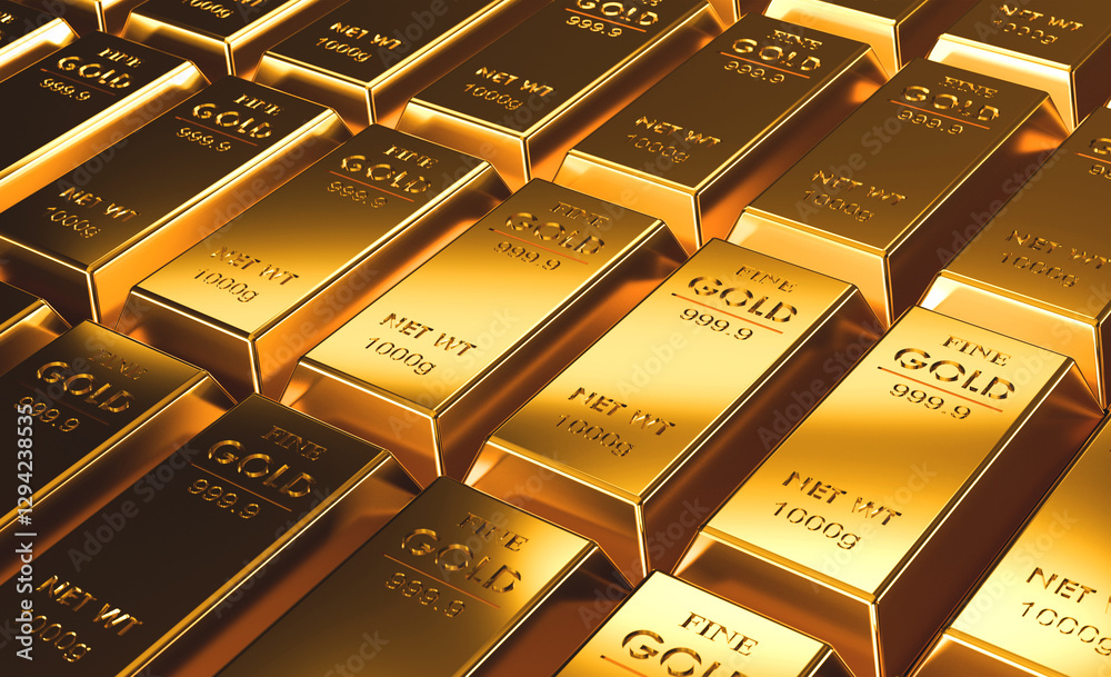 Gold bullion, gold bar. Economic business concept, price exchange rate, world gold market and investment. 3D illustration Gold bullion, gold bar. Economic business concept, price exchange rate, world gold market and investment. 3D illustration