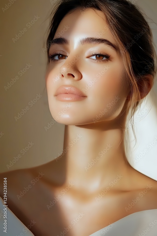Naklejka premium Young woman with glowing natural makeup and flawless skin in warm lighting. Close-up portrait highlighting soft features and dewy complexion for beauty and cosmetic advertising.