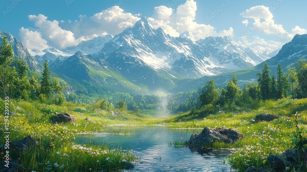 Fototapeta premium View of a mountain range in the distance, with a peaceful valley in the foreground, natural spa backdrop