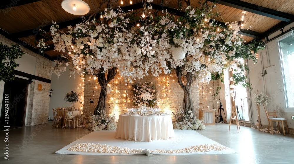 Obraz premium A beautiful decorated wedding venue with flower trees and lights