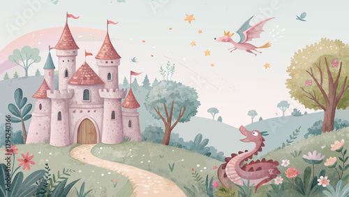 Magical  storybook background with castles, dragons, and fairies in soft pastel tones, sparking imagination for Children’s Day with copy space  