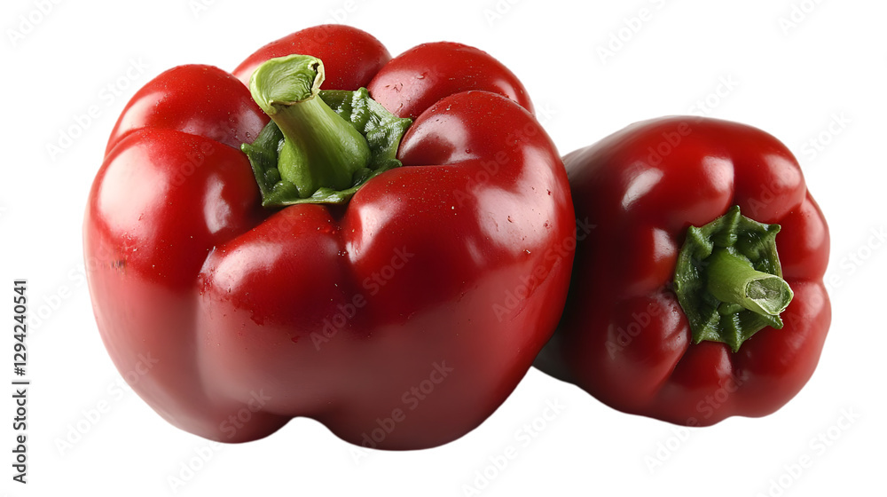 Photo Two Glossy Red Bell Peppers Fresh Produce Green Stems Photo Two Glossy Red Bell Peppers Fresh Produce Green Stems