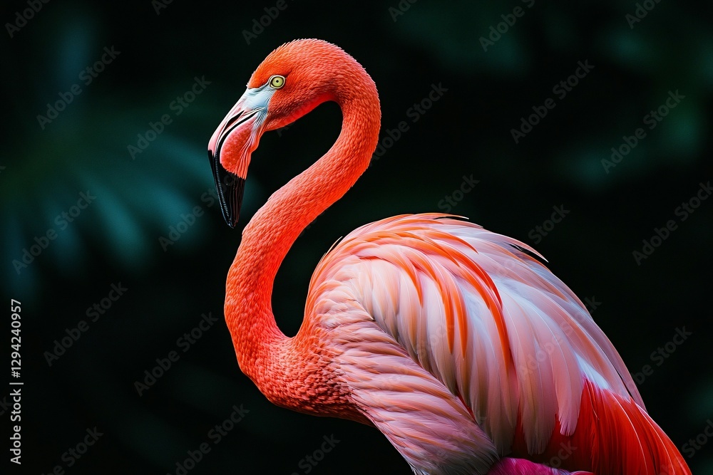 Obraz premium Vibrant Flamingo Portrait: A striking flamingo with its iconic pink plumage and elegant curved neck is captured in a close-up, showcasing its distinctive features against a dark background.