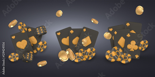 3d Casino game concept. Vegas tournament banner, playing ace card, flying gambling chips, golden coin. Vector illustration