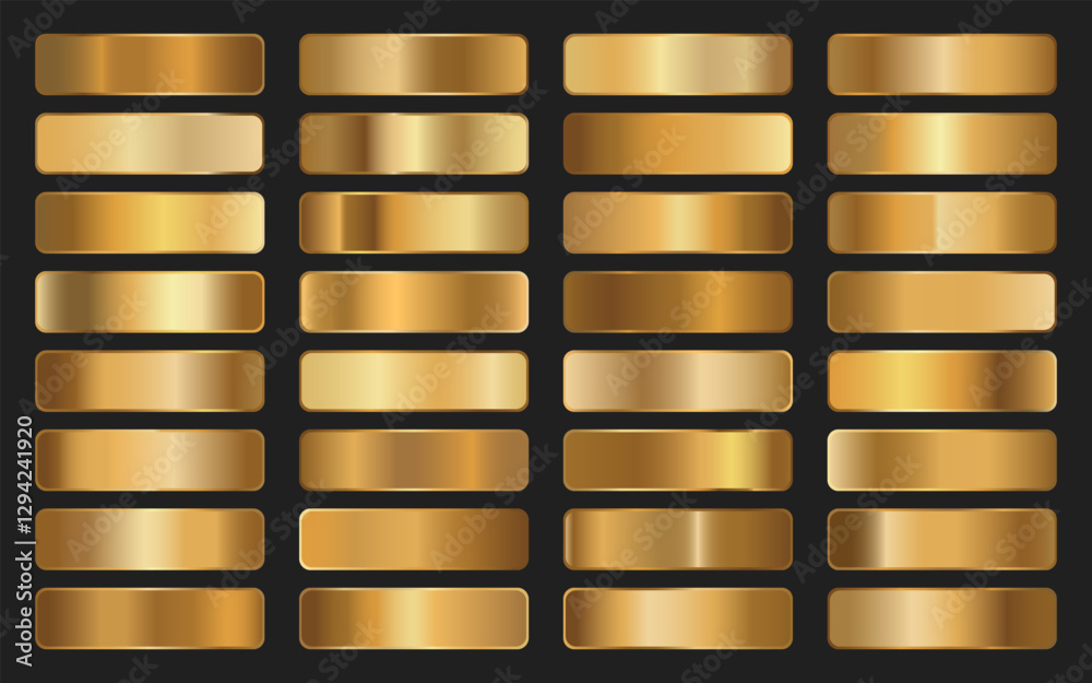 Collection of golden metallic gradient. Brilliant plates with gold effect. Vector illustration