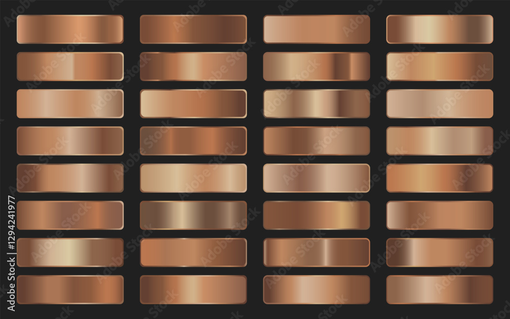 Collection of bronze metallic gradient. Brilliant plates with bronze effect. Vector illustration