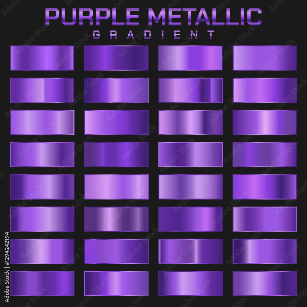 Collection of purple metallic gradient. Brilliant plates with metallic effect. Vector illustration