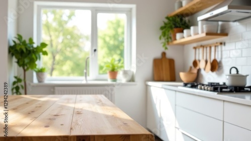 Modern Bright Kitchen with Wooden Accents and Green Plants