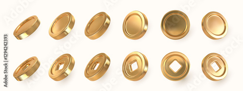 Set of realistic of gold coins and Ancient old gold coins of China, with square hole. Vector illustration