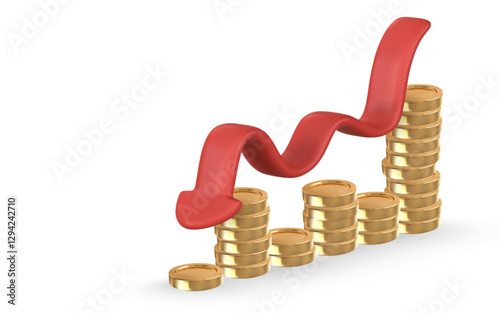 3d Stacks of gold coins with red down arrow. Business or startup success. Vector illustration