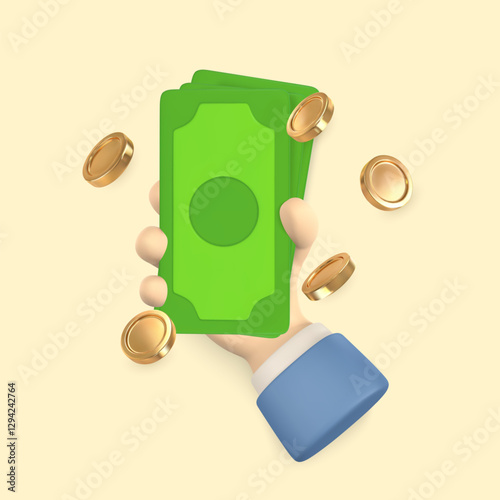3d cartoon hand holds dollar. Falling gold coin. Concept of financial operation. Vector illustration