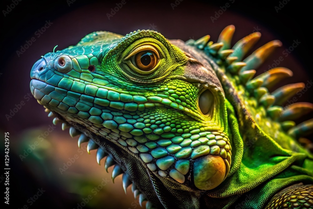 Fototapeta premium Night Portrait of a Green Iguana: Emerald Eyes in the Dark