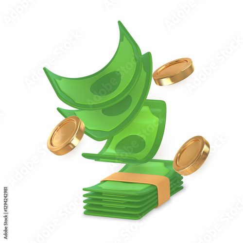 3d green stack of money in cartoon style. Falling gold coin and twisted money. Vector illustration
