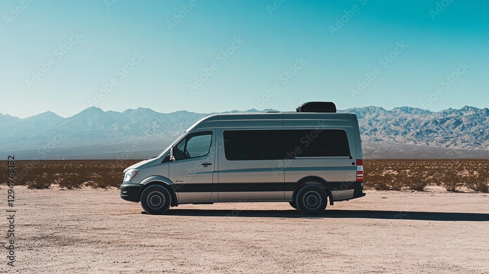 Journey's Horizon: A sleek van stands against a breathtaking backdrop of a desert landscape. The azure sky stretches endlessly above, meeting distant, majestic mountains. Journey's Horizon: A sleek van stands against a breathtaking backdrop of a desert landscape. The azure sky stretches endlessly above, meeting distant, majestic mountains.