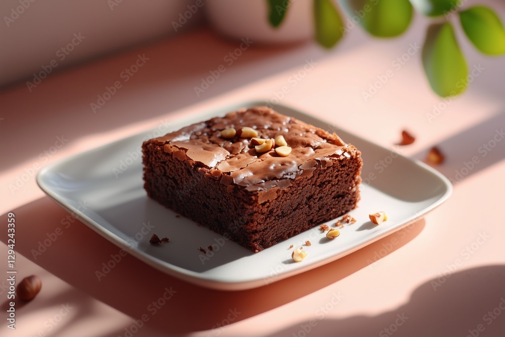 a hazelnut brownie, indoor studio photoshoot, strobe lights, harsh shadow, photorealistic details, clean decoration, clean background, pastel color backdrop