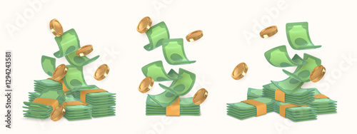3d green stack of money in cartoon style. Falling gold coin and twisted money. Vector illustration