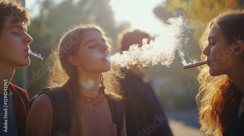 Group of young people enjoying vaping outdoors on a sunny day, depicting modern youth culture