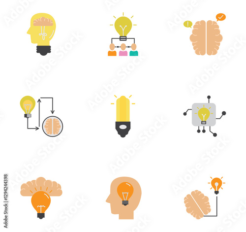 Set of vector icons representing an idea like light bulbs and brain with white background