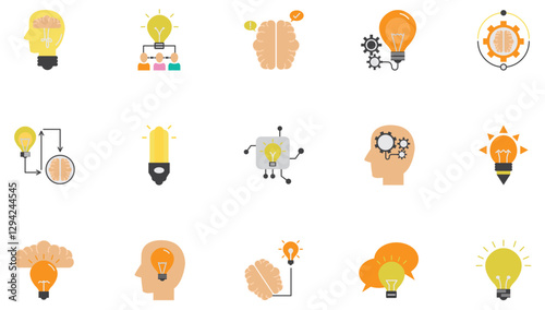 Set of vector icons representing an idea like light bulbs and brain with white background