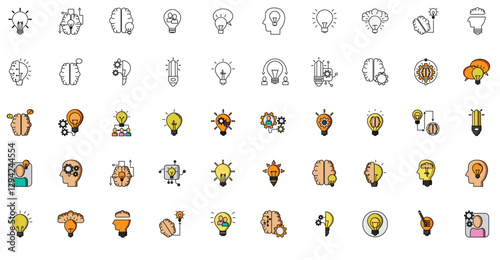 Set of vector icons representing an idea like light bulbs and brain with white background