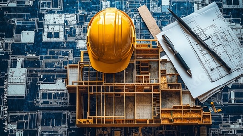 Legal aspects of home building, gavel, blueprints, safety helmet, building model, paper, pen, and insurance idea